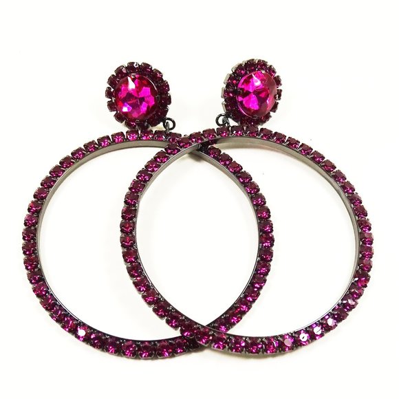 KATE SPADE Black Rhodium Plated Fuchsia Crystals Glitzville Drop Hoop Earrings